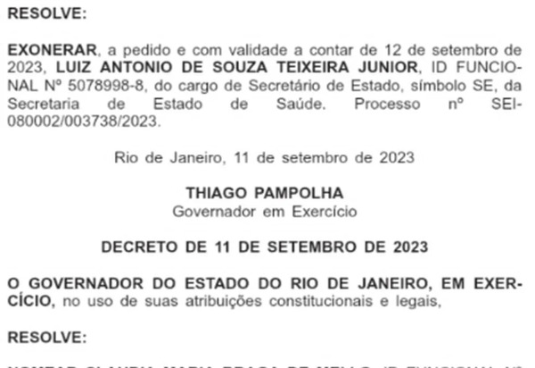 Dr.Luizinho é exonerado do cargo de secretário de Saúde do Estado do Rio de Janeiro