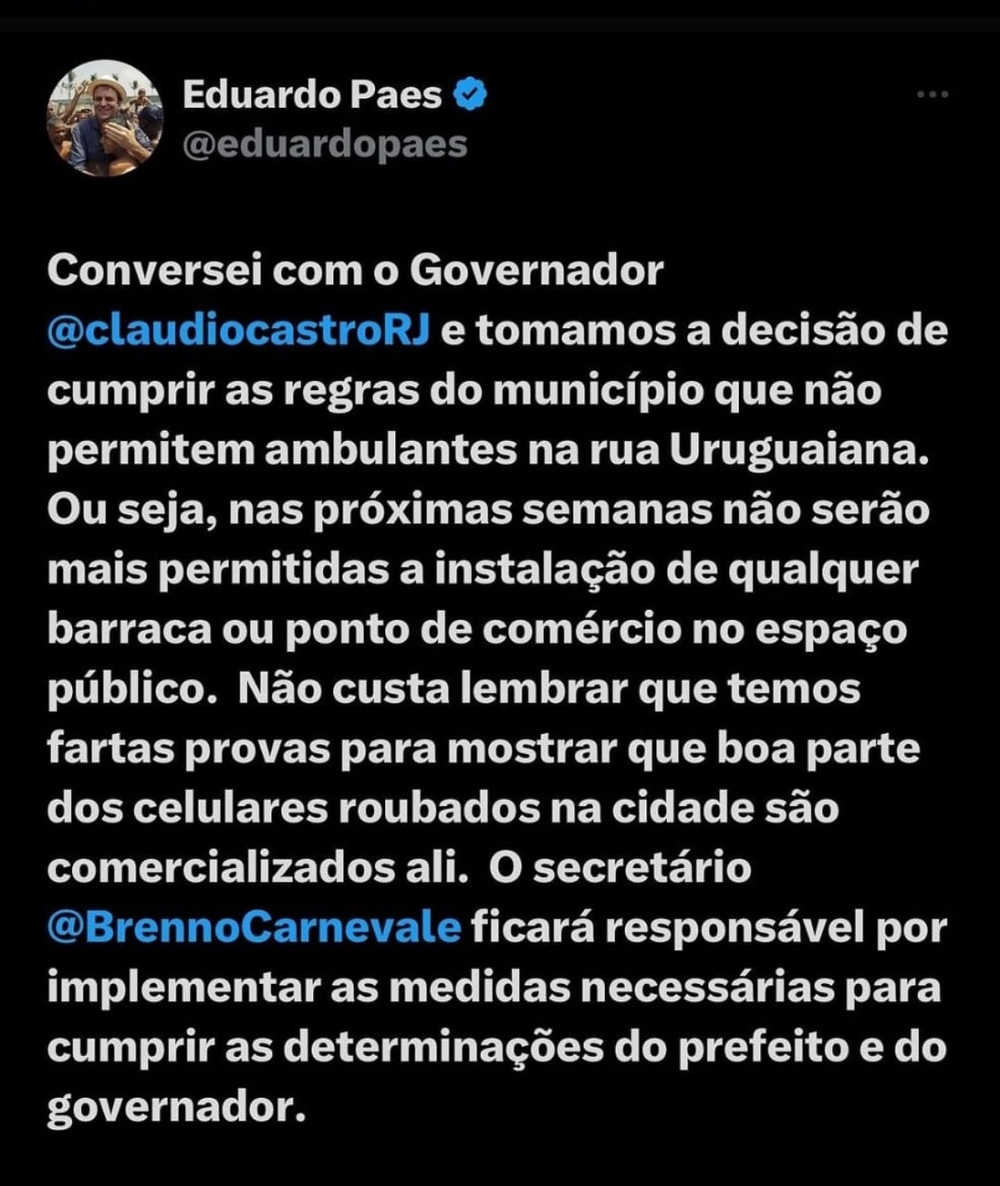 Depois de Acari, Paes proíbe Camelôs na Rua Uruguaiana, após nova conversa com Governador