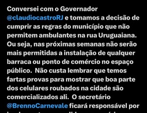 Depois de Acari, Paes proíbe Camelôs na Rua Uruguaiana, após nova conversa com Governador