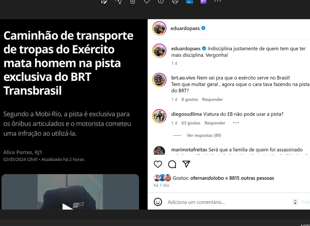 Paes da um pito no Exército que atropela e mata homem na pista exclusiva do BRT