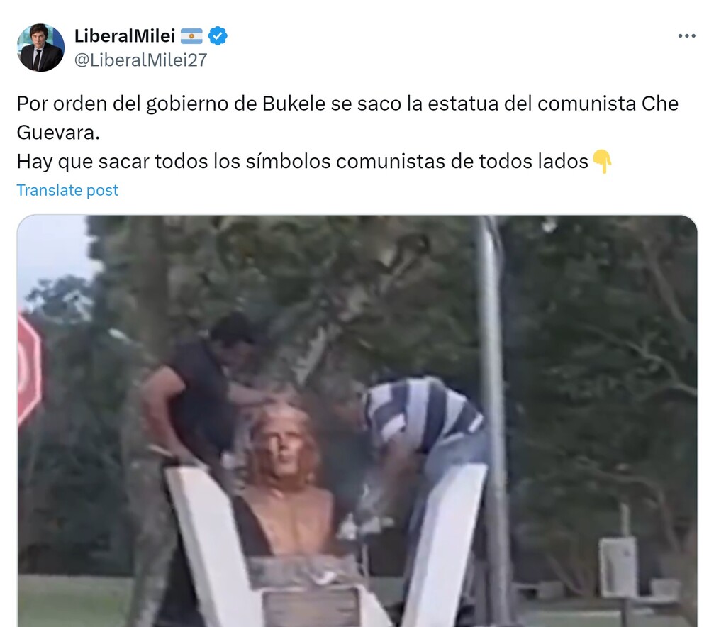 Javier Milei celebra e revive a decisão de Bukele de retirar a estátua de Che Guevara em El Salvador em 2023