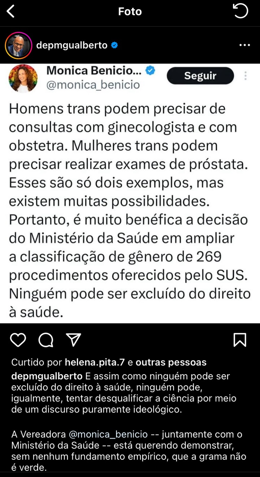 SUS para todes: deputado critica postagem de viúva de Marielle elogiando portaria do Ministério da Saúde que altera classificação de gênero