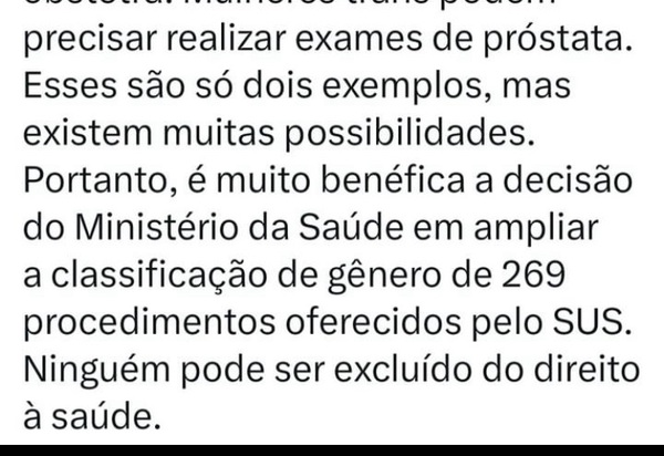 SUS para todes: deputado critica postagem de viúva de Marielle elogiando portaria do Ministério da Saúde que altera classificação de gênero