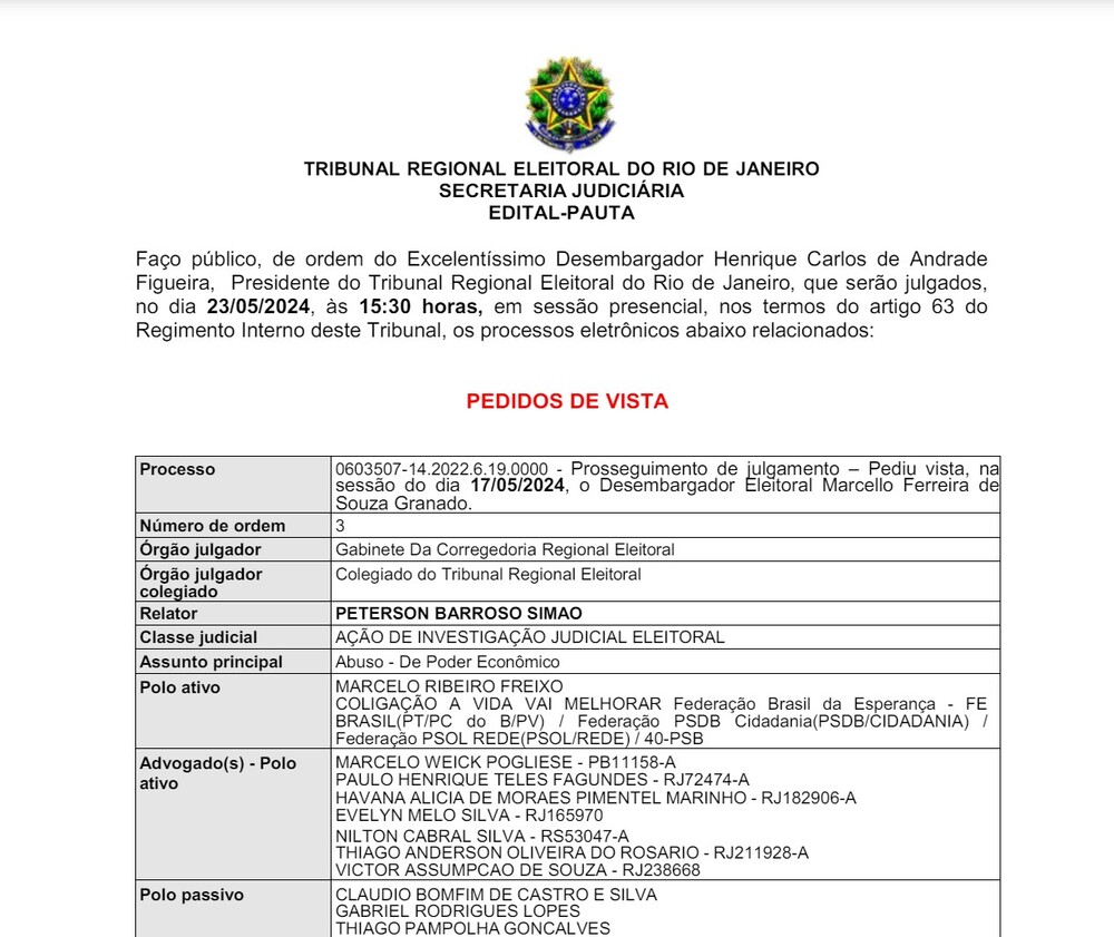 Acompanhe a continuação dos julgamentos de Claudio Castro, Pampolha e Bacellar no TRE-RJ, no dia 23/05/2024, às 15:30 horas ao Vivo link abaixo