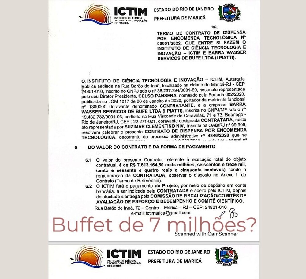 Caviar ou coxinha? Instituto de Maricá faz contrato de quase R$ 8 milhões com empresa de Buffet ligada ao ex-presidente do ICTIM