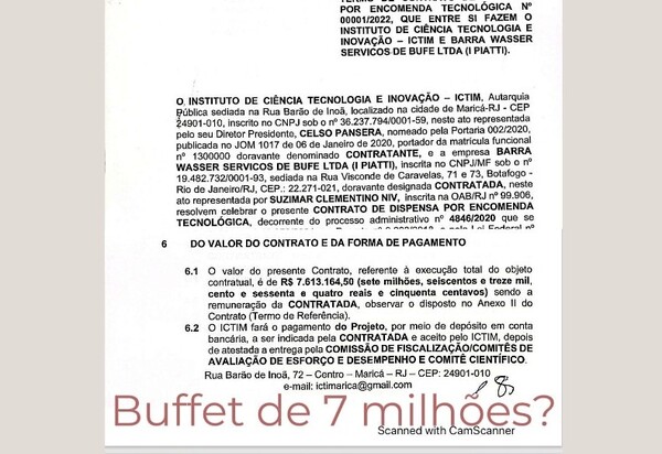 Caviar ou coxinha? Instituto de Maricá faz contrato de quase R$ 8 milhões com empresa de Buffet ligada ao ex-presidente do ICTIM