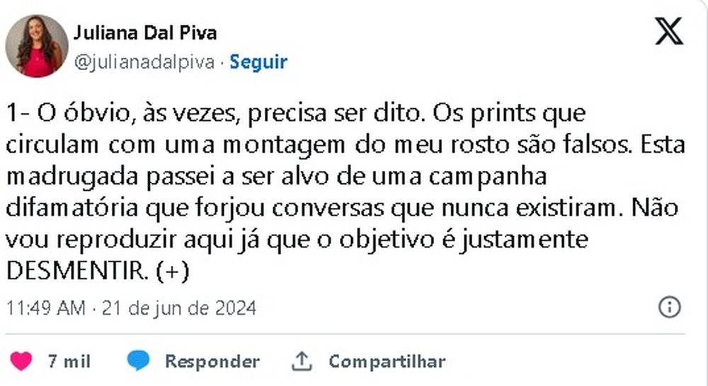 Falsas Mensagens atribuídas a Juliana Dal Piva divulgadas por Allan dos Santos