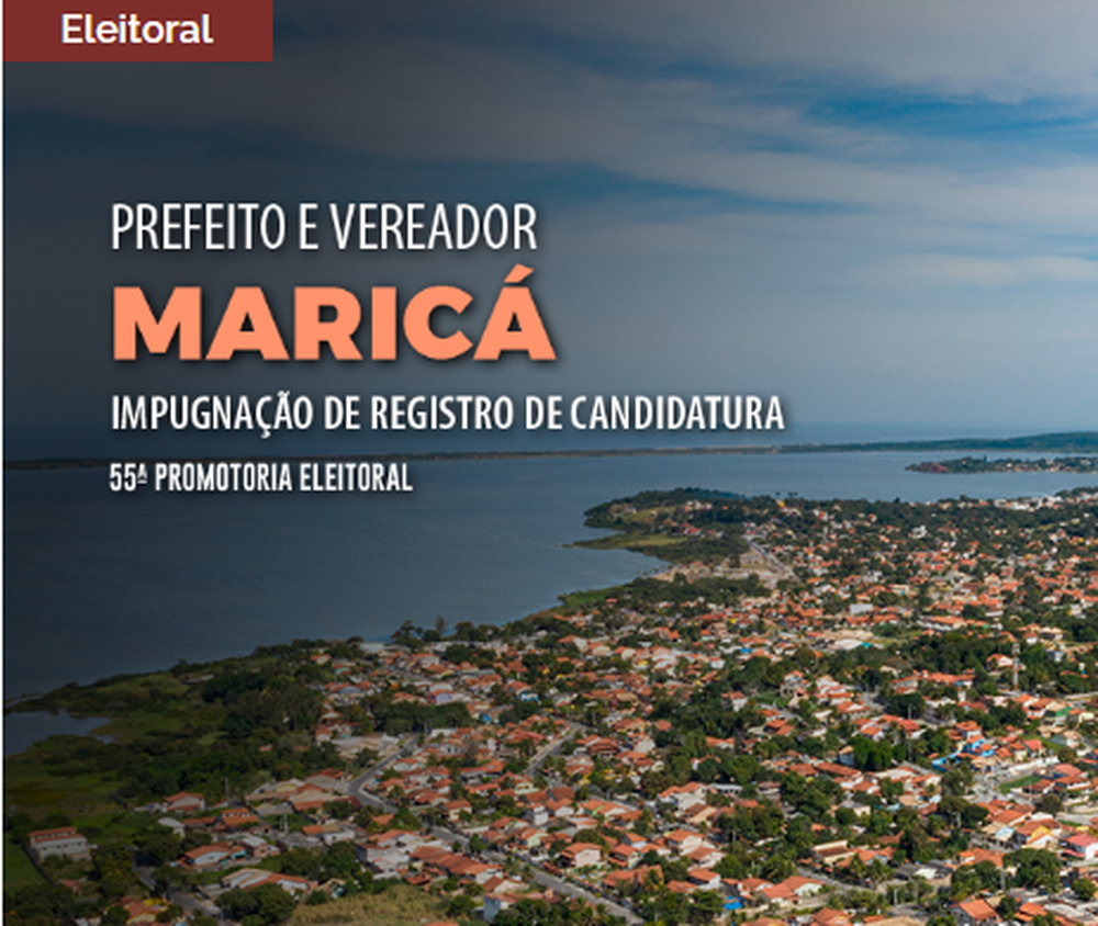 Site do MP mostra na capa: MP Eleitoral requer a impugnação de registro de candidatos aos cargos de prefeito e vereador de Maricá após inteligência artificial apontar inelegibilidade