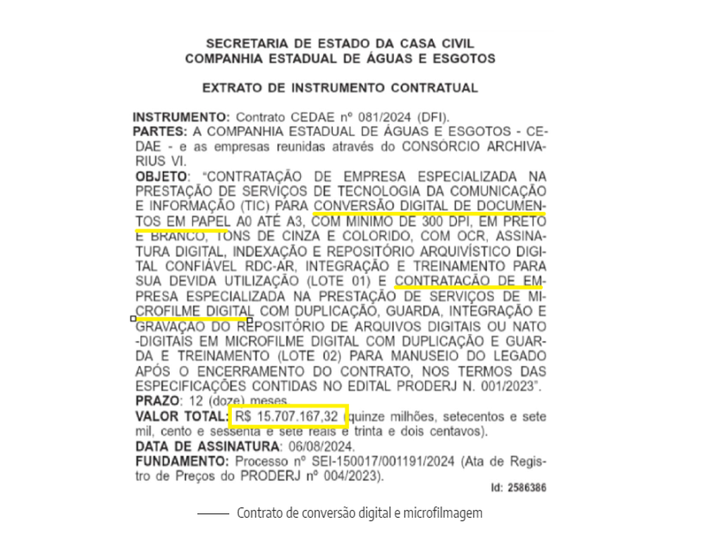 Mamata na Cedae: Empresa adere à ata de R$ 15,7 milhões para digitalização de documentos após contrato de R$ 29,6 milhões para inventário de bens