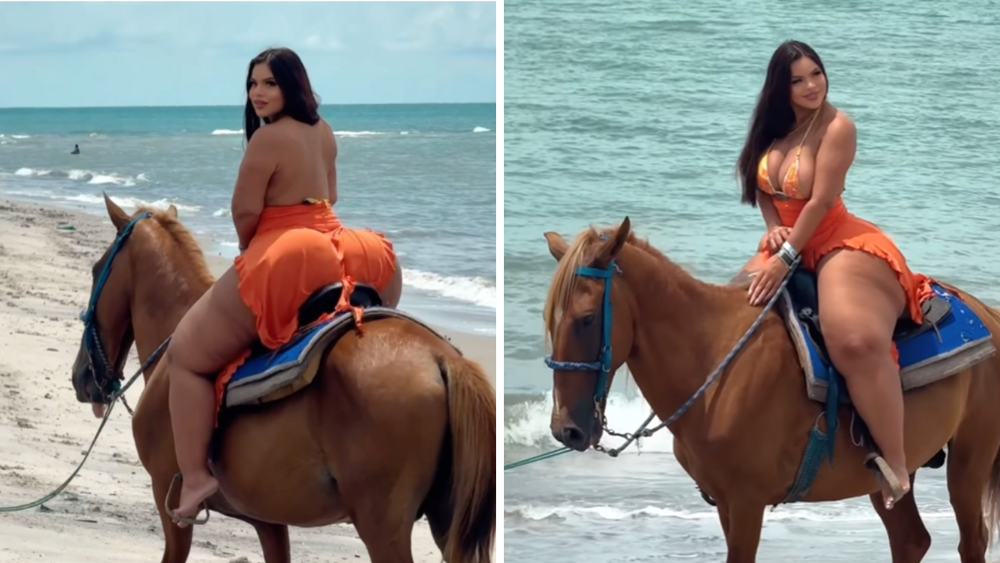 Modelo plus size cavalga na praia exibindo atributos gigantescos