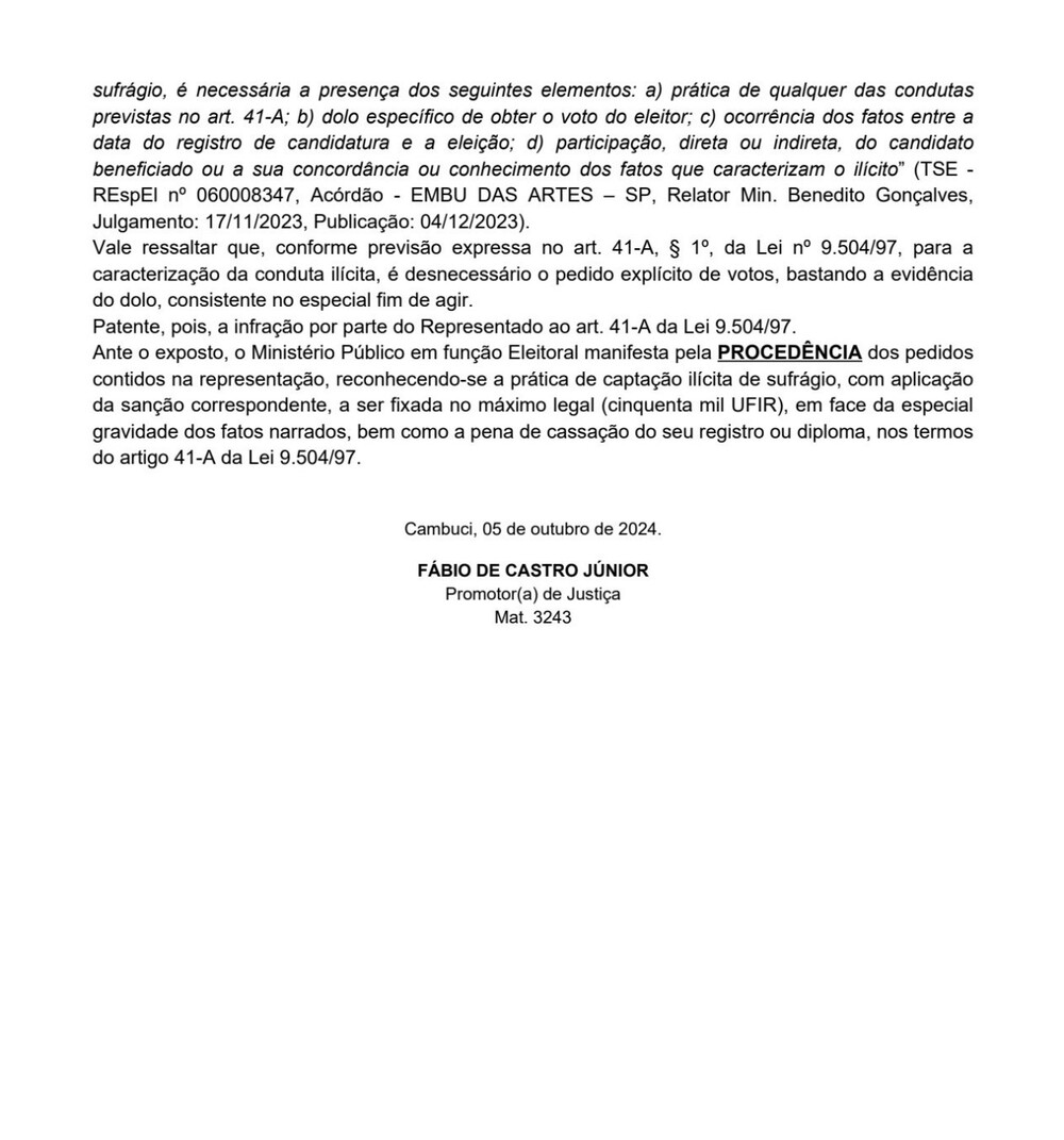 Ministério Público pede cassação de registro e multa máxima do Candidato a vice-prefeito de Cambucia cusado de comprar votos com festa de aniversário