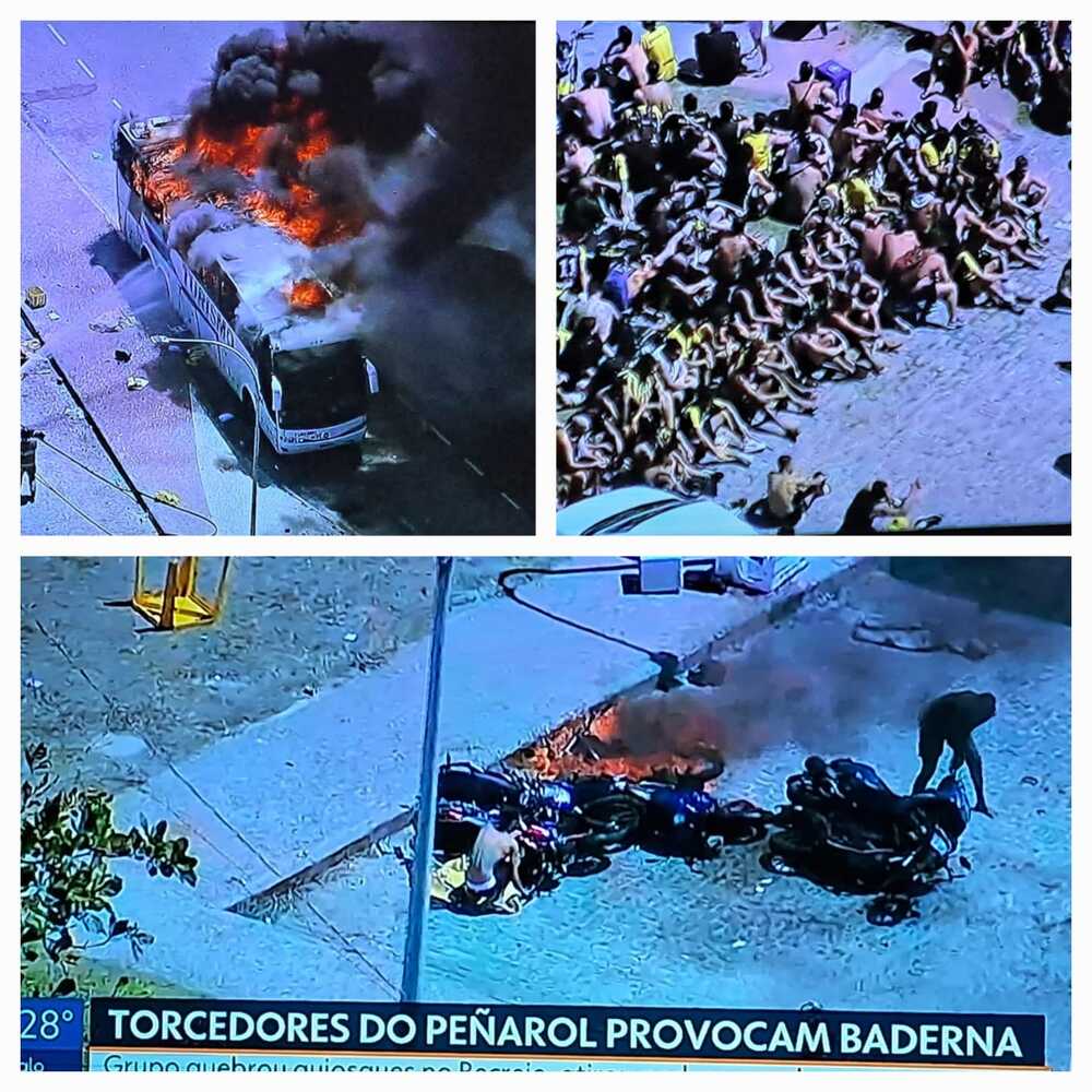 Torcedores do Peñarol depredam quiosque, atacam banhistas e policiais no Recreio e incendeiam ônibus de turismo