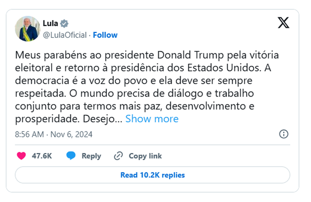 Lula dá aula de diplomacia e manda 'X' pra parabenizar Trump e Elon Musk pira: será o início de um bromance presidencial?