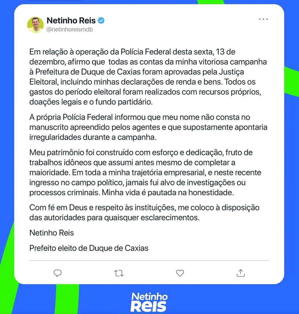 Netinho Reis divulga nota oficial sobre operação da Polícia Federal