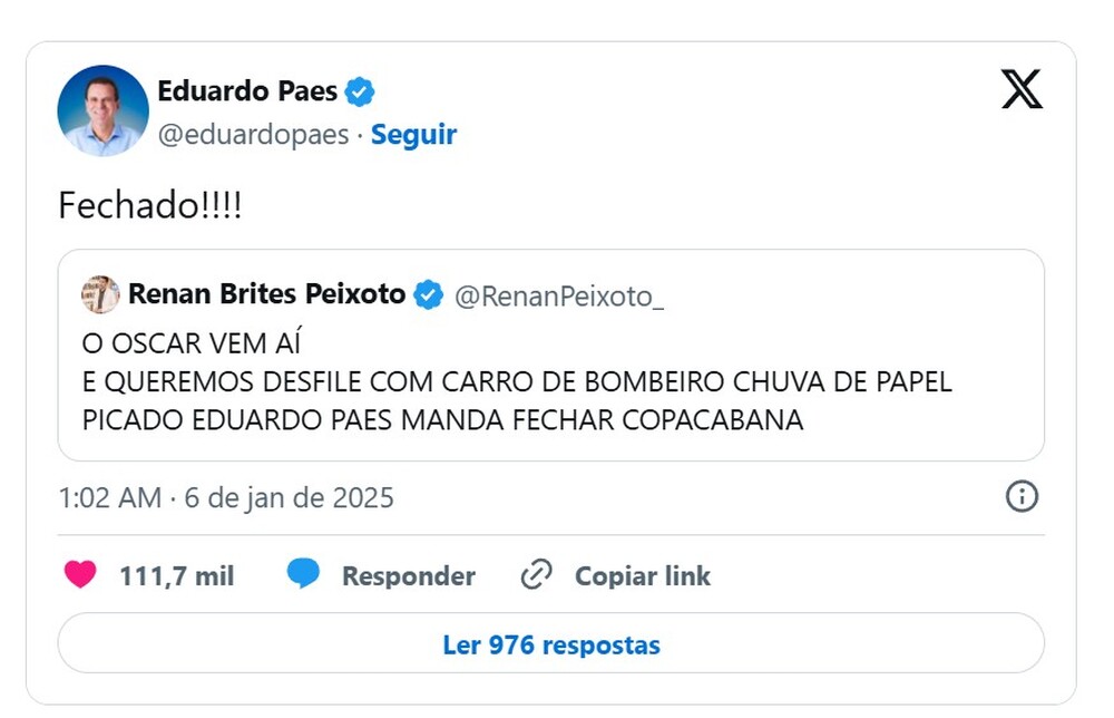 Eduardo Paes fala em ‘fechar Copacabana’ para Fernanda Torres desfilar