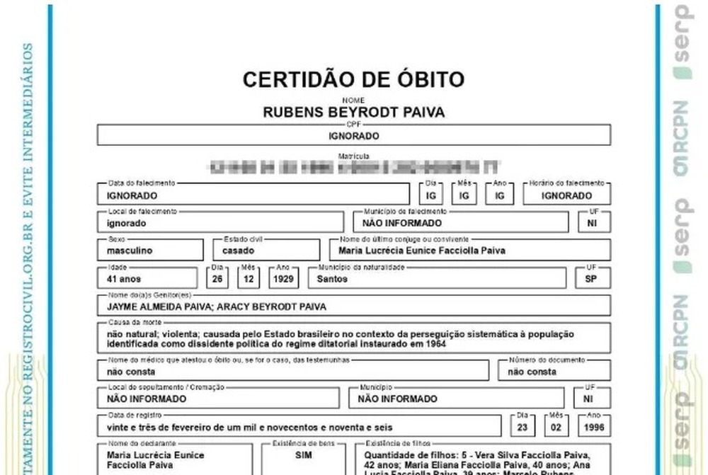 Certidão de óbito de Rubens Paiva é corrigida: morte foi causada pelo Estado