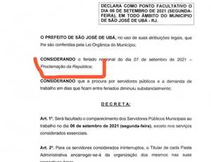 Prefeitura de São José de Ubá, decreta Proclamação da República, nesse 7 de setembro