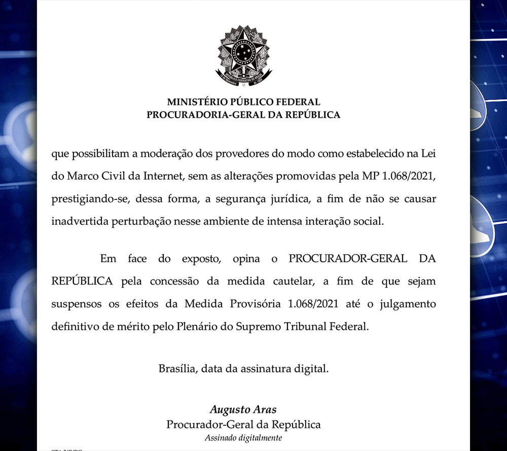 Aras defende suspensão da MP que limita remoção de conteúdos na internet