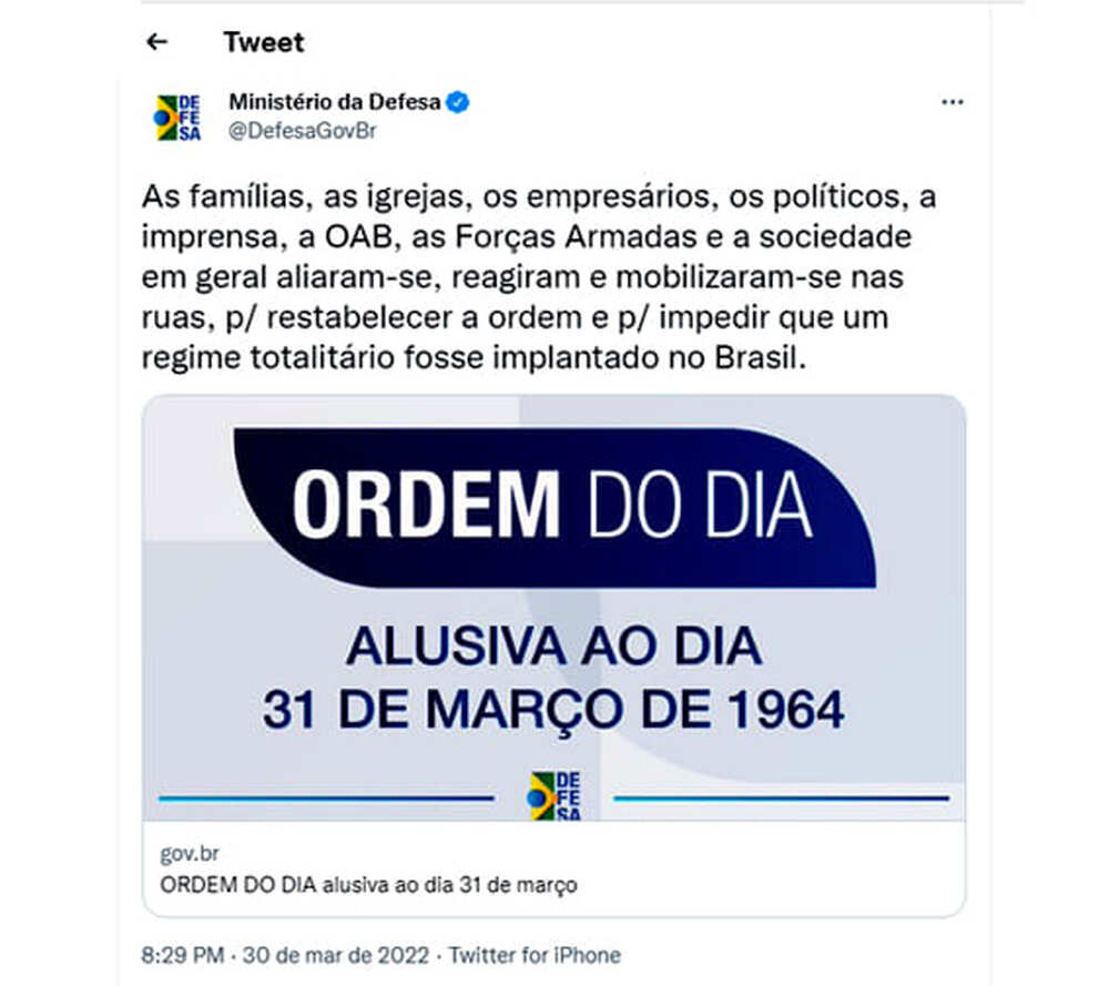 Escárnio: Ordem do Dia do Ministério da Defesa celebra o golpe de 1964 e a ditadura