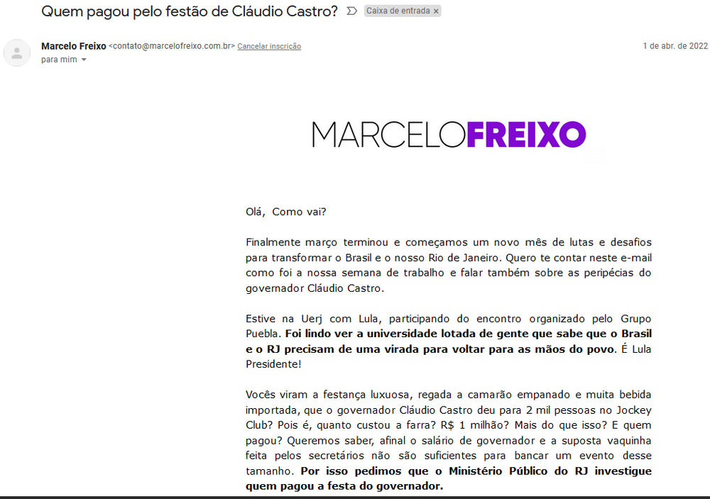 Marcelo Freixo manda email para eleitores perguntando: Quem pagou pelo festão de Cláudio Castro?