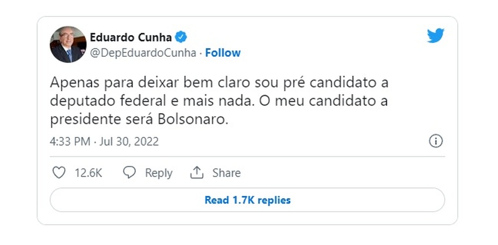 Eduardo Cunha confirma candidatura e declara apoio a Bolsonaro