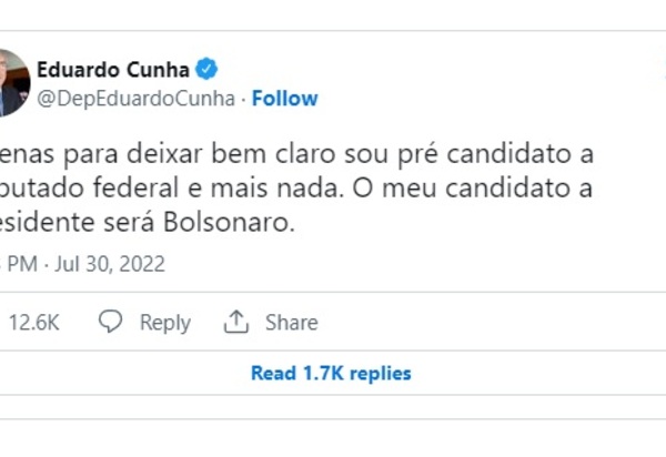 Eduardo Cunha confirma candidatura e declara apoio a Bolsonaro